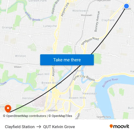 Clayfield Station to QUT Kelvin Grove map