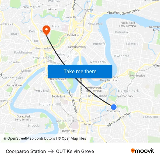 Coorparoo Station to QUT Kelvin Grove map