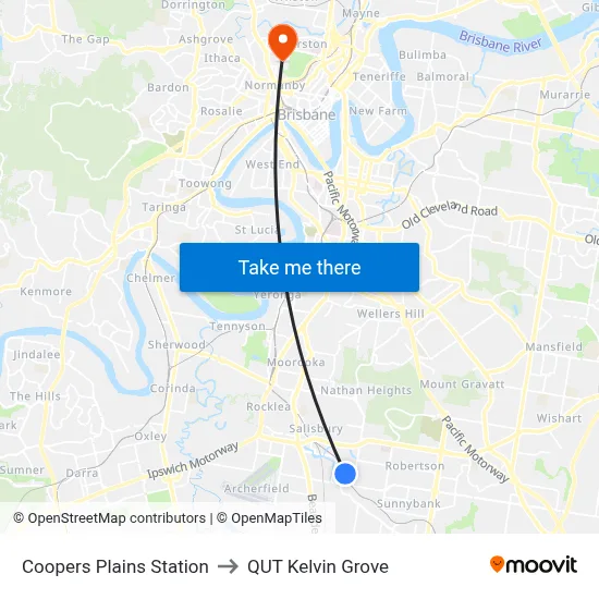 Coopers Plains Station to QUT Kelvin Grove map