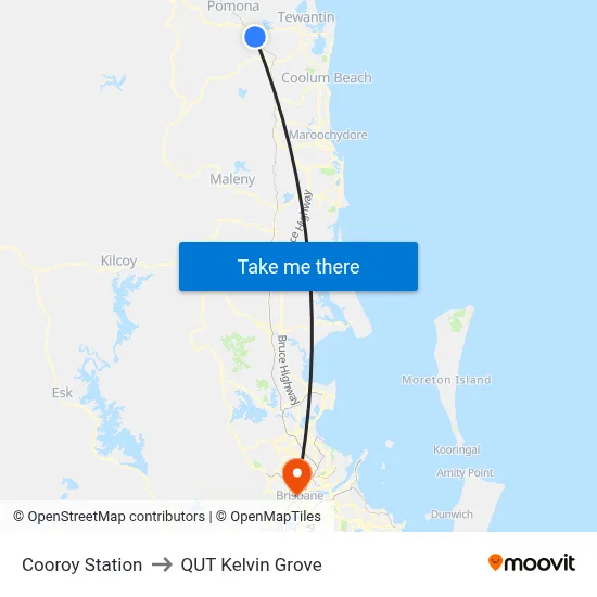 Cooroy Station to QUT Kelvin Grove map