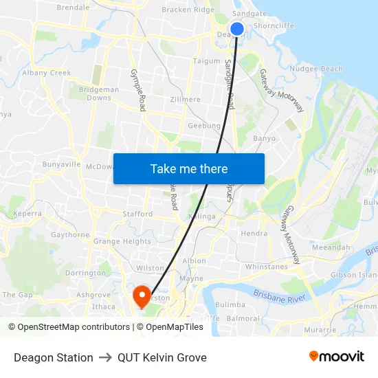 Deagon Station to QUT Kelvin Grove map