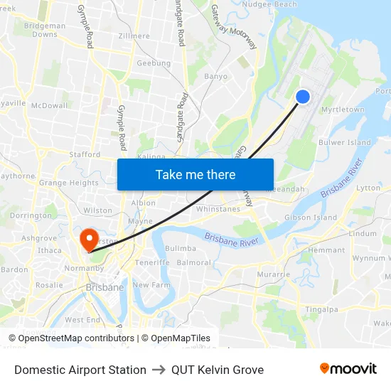 Domestic Airport Station to QUT Kelvin Grove map