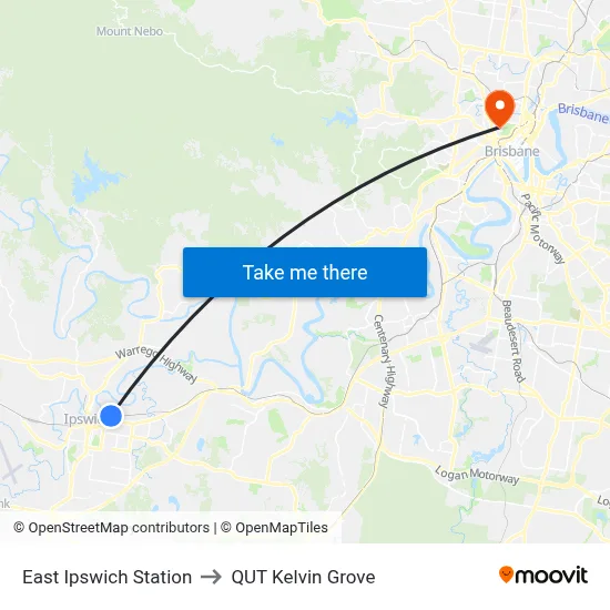 East Ipswich Station to QUT Kelvin Grove map
