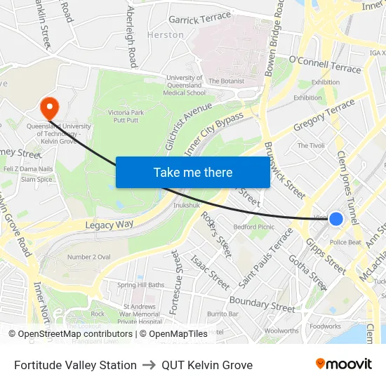 Fortitude Valley Station to QUT Kelvin Grove map