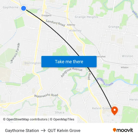 Gaythorne Station to QUT Kelvin Grove map