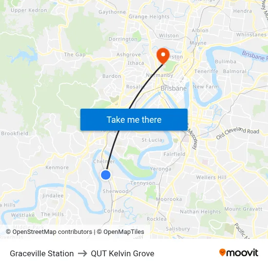 Graceville Station to QUT Kelvin Grove map
