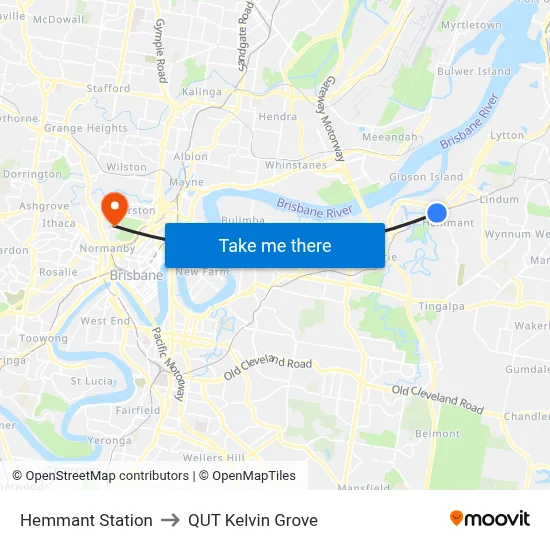 Hemmant Station to QUT Kelvin Grove map
