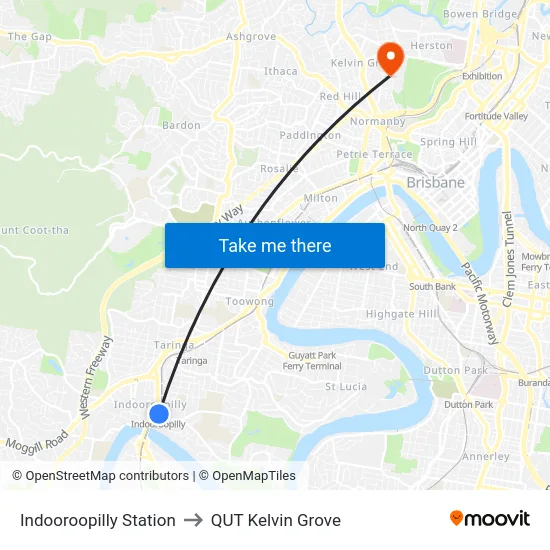Indooroopilly Station to QUT Kelvin Grove map