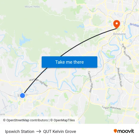 Ipswich Station to QUT Kelvin Grove map