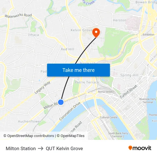 Milton Station to QUT Kelvin Grove map