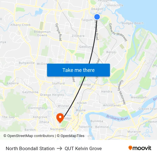 North Boondall Station to QUT Kelvin Grove map