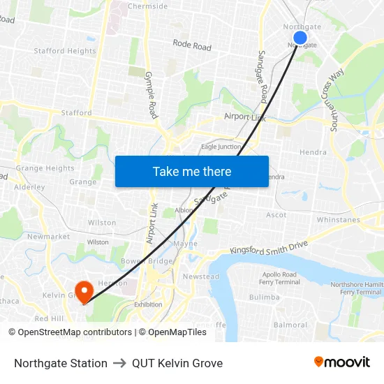Northgate Station to QUT Kelvin Grove map