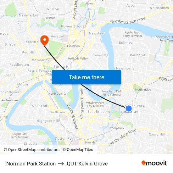 Norman Park Station to QUT Kelvin Grove map