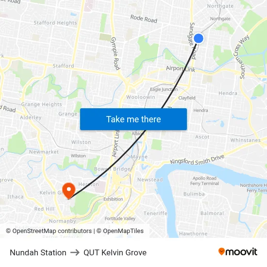 Nundah Station to QUT Kelvin Grove map