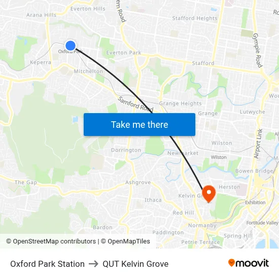 Oxford Park Station to QUT Kelvin Grove map