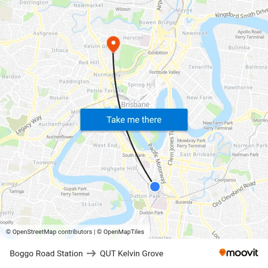Boggo Road Station to QUT Kelvin Grove map