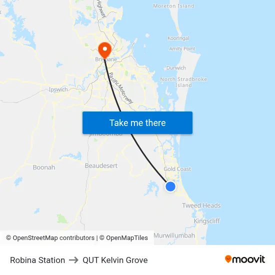 Robina Station to QUT Kelvin Grove map