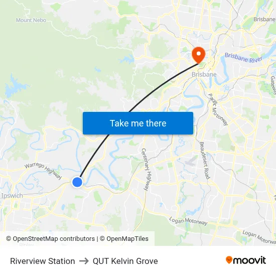 Riverview Station to QUT Kelvin Grove map