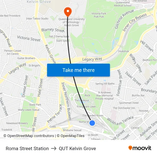 Roma Street Station to QUT Kelvin Grove map