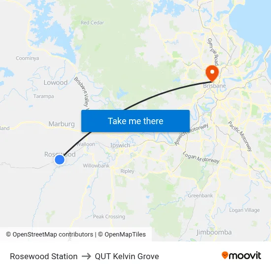 Rosewood Station to QUT Kelvin Grove map