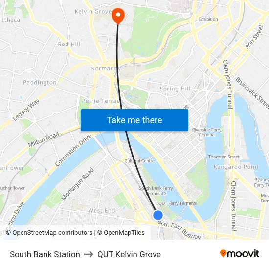 South Bank Station to QUT Kelvin Grove map