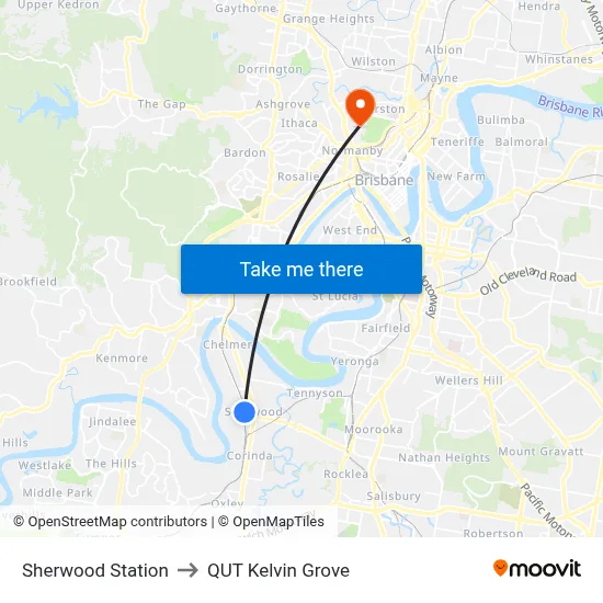 Sherwood Station to QUT Kelvin Grove map