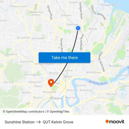 Sunshine Station to QUT Kelvin Grove map