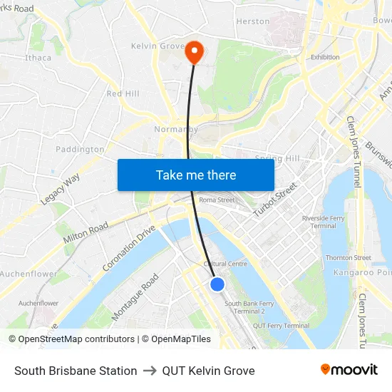 South Brisbane Station to QUT Kelvin Grove map
