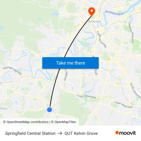 Springfield Central Station to QUT Kelvin Grove map