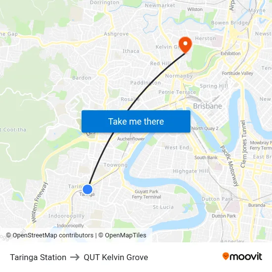 Taringa Station to QUT Kelvin Grove map