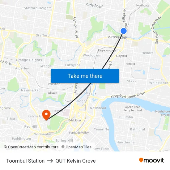 Toombul Station to QUT Kelvin Grove map
