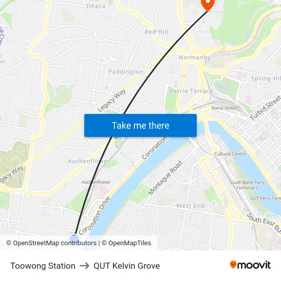 Toowong Station to QUT Kelvin Grove map