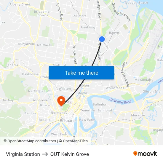 Virginia Station to QUT Kelvin Grove map