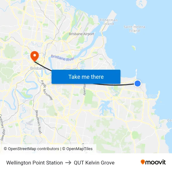 Wellington Point Station to QUT Kelvin Grove map