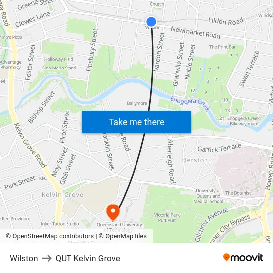 Wilston to QUT Kelvin Grove map