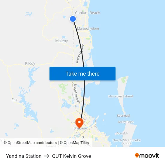 Yandina Station to QUT Kelvin Grove map