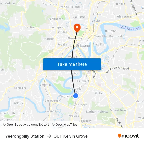 Yeerongpilly Station to QUT Kelvin Grove map