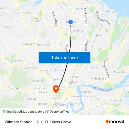 Zillmere Station to QUT Kelvin Grove map