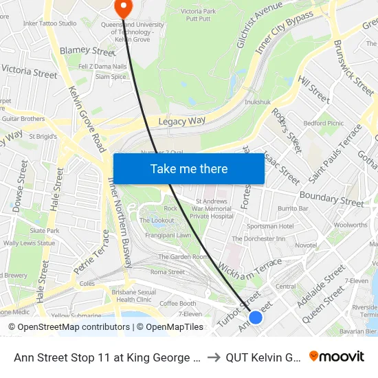Ann Street Stop 11 at King George Square to QUT Kelvin Grove map