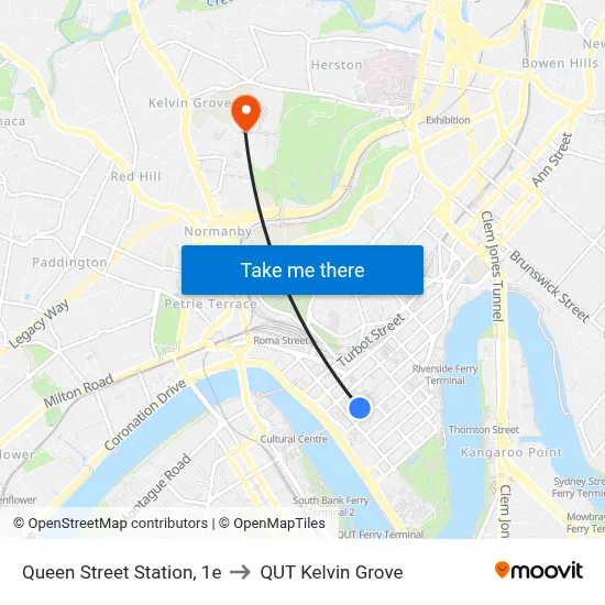 Queen Street Station, 1e to QUT Kelvin Grove map