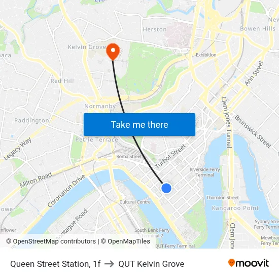 Queen Street Station, 1f to QUT Kelvin Grove map