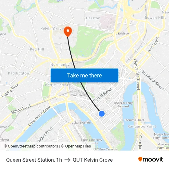 Queen Street Station, 1h to QUT Kelvin Grove map