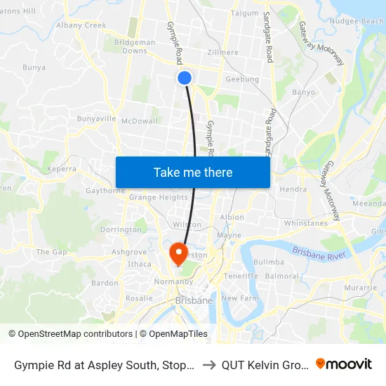 Gympie Rd at Aspley South, Stop 41 to QUT Kelvin Grove map