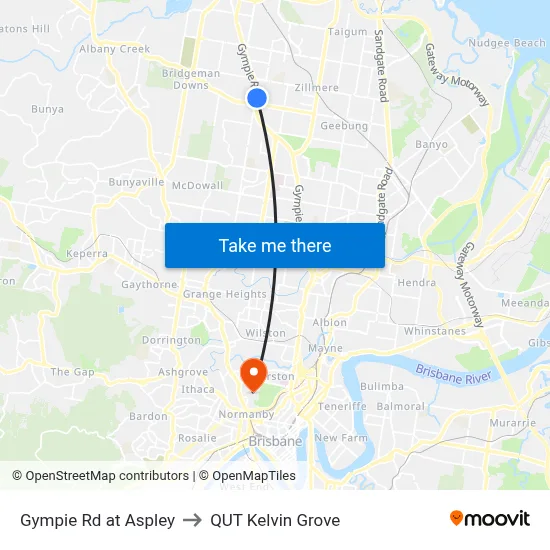 Gympie Rd at Aspley to QUT Kelvin Grove map