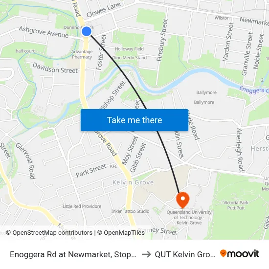 Enoggera Rd at Newmarket, Stop 20 to QUT Kelvin Grove map