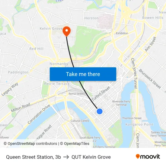 Queen Street Station, 3b to QUT Kelvin Grove map