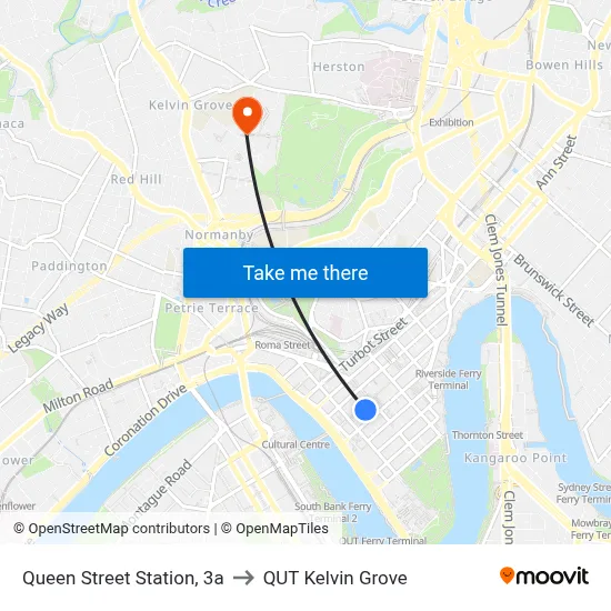 Queen Street Station, 3a to QUT Kelvin Grove map