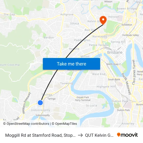 Moggill Rd at Stamford Road, Stop 22/23 to QUT Kelvin Grove map