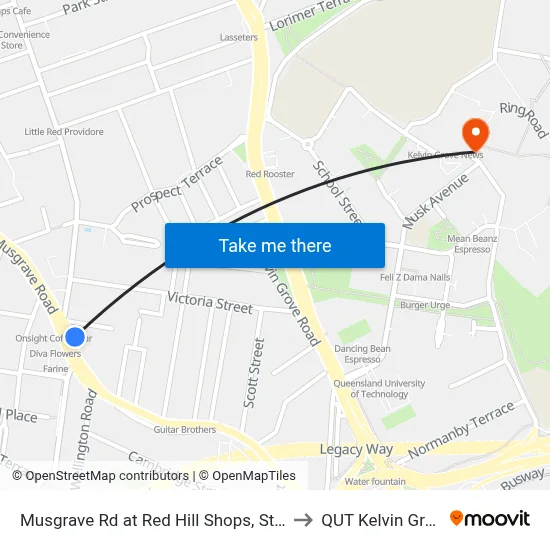 Musgrave Rd at Red Hill Shops, Stop 8 to QUT Kelvin Grove map