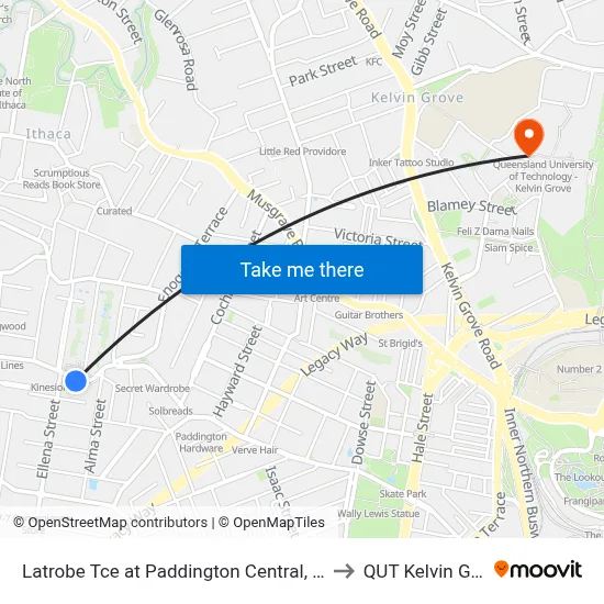 Latrobe Tce at Paddington Central, Stop 10 to QUT Kelvin Grove map